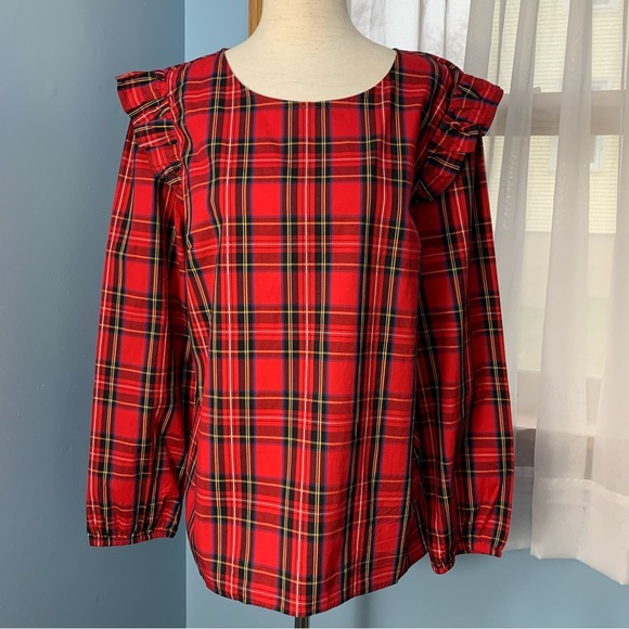 NWT J. Crew Tartan Plaid Ruffle Trim Top - Picture 2 of 9